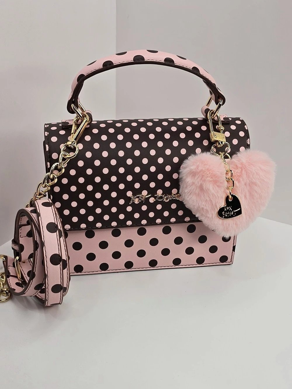 🤎▪️Betsey Johnson Polka Dot Top Handle Crossbody Bag with Fluffy Pink Heart Pom
